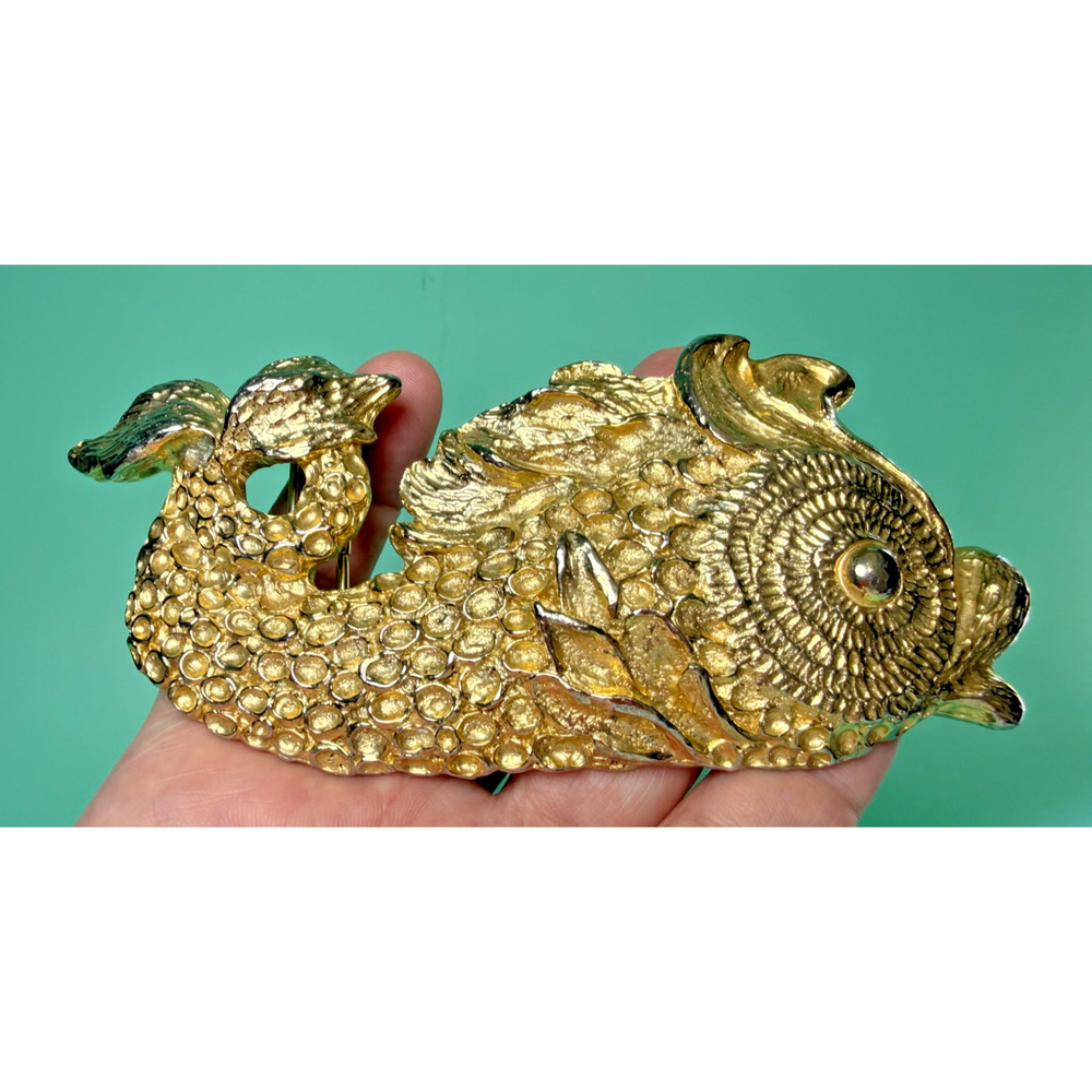 Signed Mimi Di N Koi Fish Belt Buckle 1987 Gold Statement Piece Sea Monster Vtg